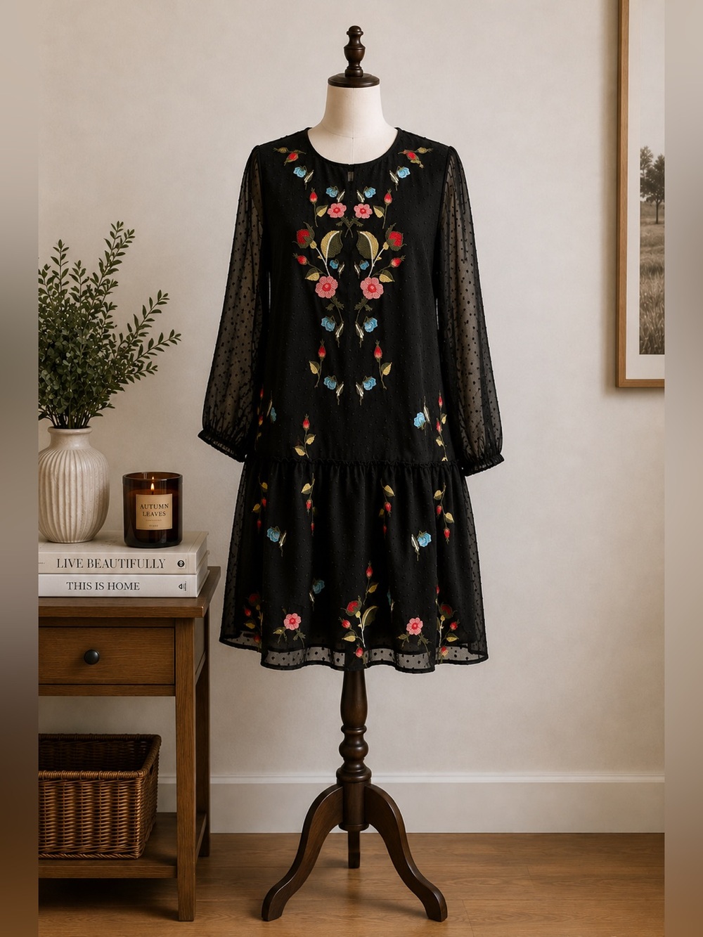 Black Floral Embroidered Folk Boho Cottagecore Drop Waist Dress Size Medium